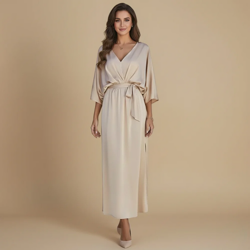Women's V-Neck Tie Waist Long Dress Fashion Grand
