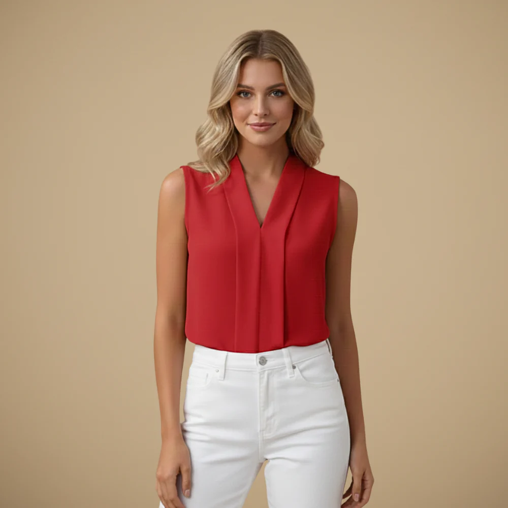 Simple Pleated Sleeveless V-Neck Top for Women Fashion Grand