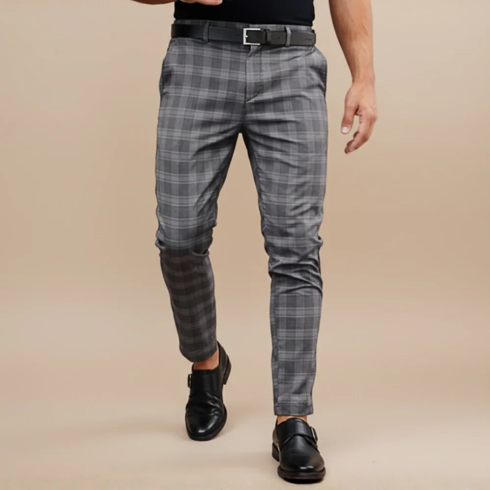 Men's checkered slim fit straight leg trousers