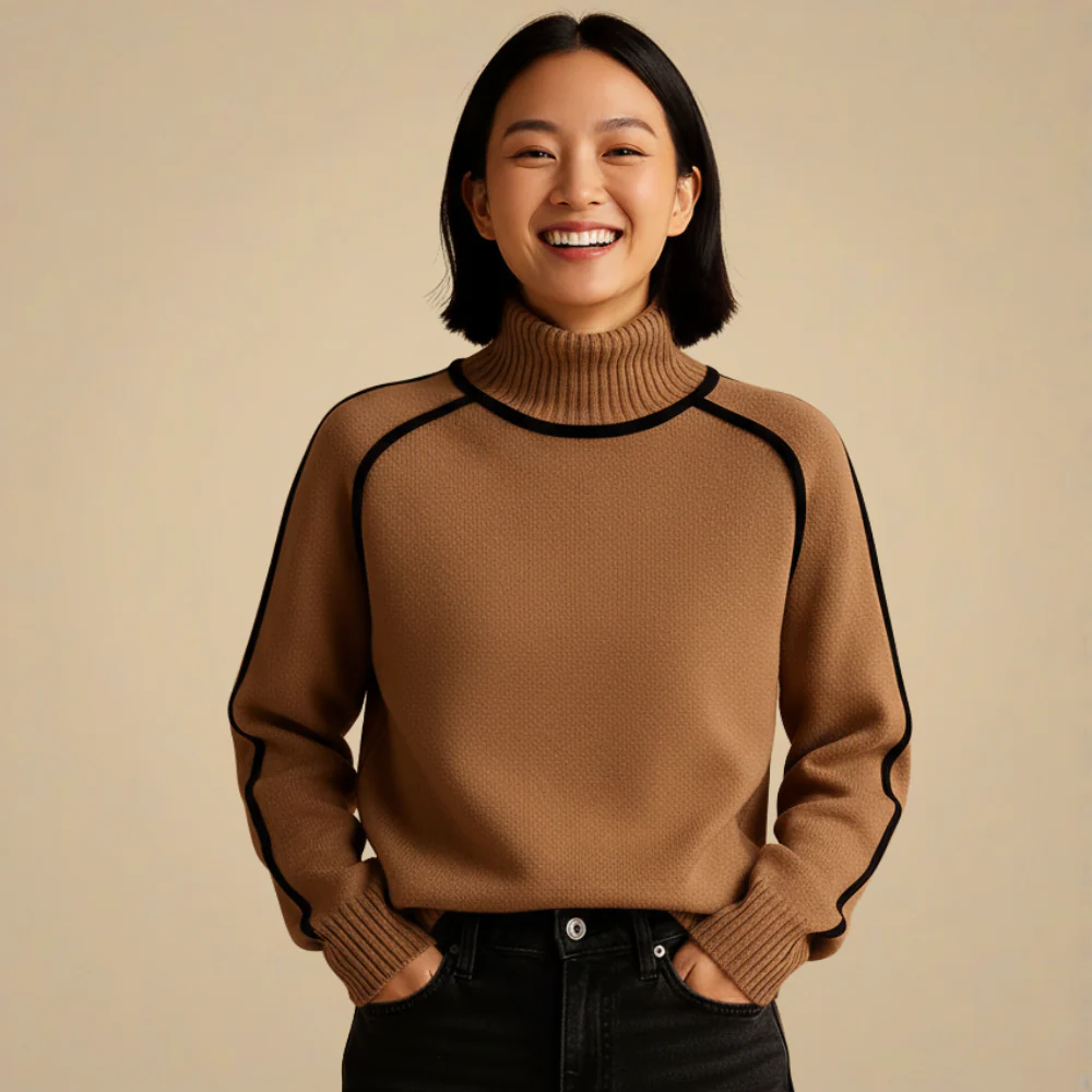 Women's Knitted Turtleneck Sweater with Contrast Trim Fashion Grand