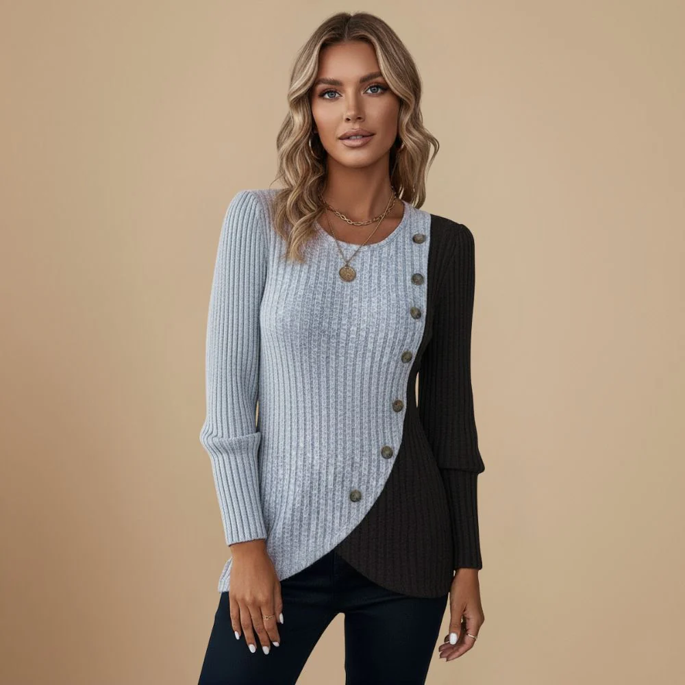Women's Contrast Sweater Asymmetrical Hemline Buttons Fashion Grand