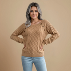 Cable Knit Shoulder Button Detail Round Jumper for Women Fashion Grand