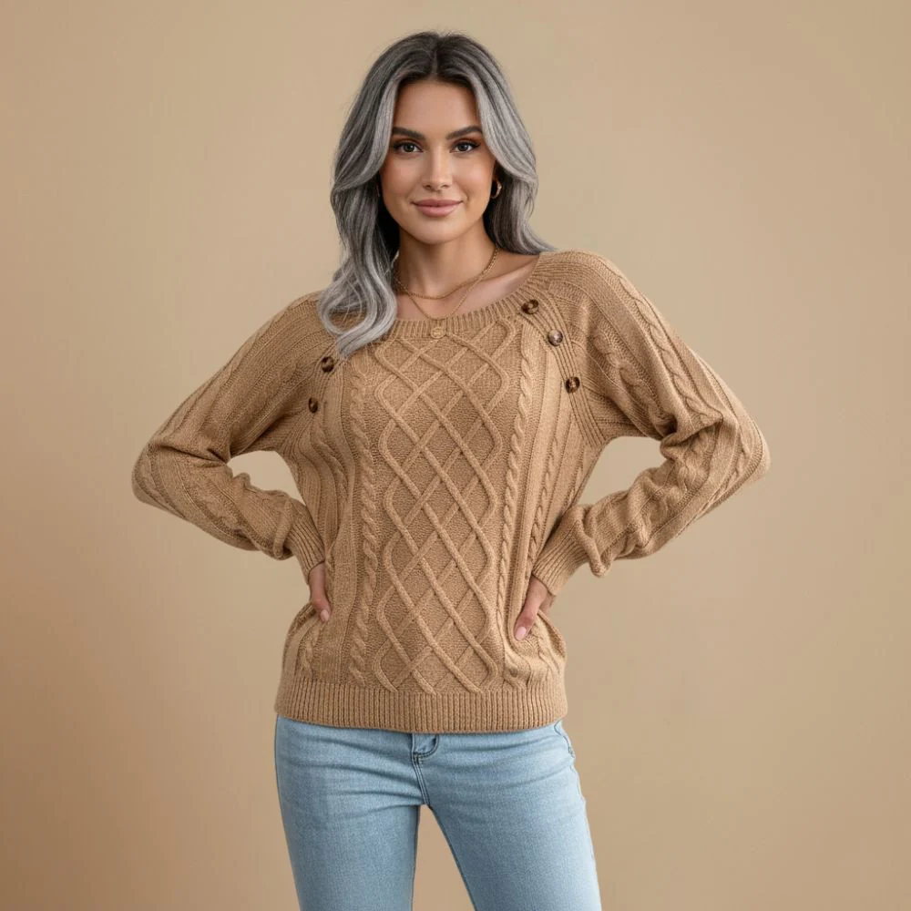 Cable Knit Shoulder Button Detail Round Jumper for Women Fashion Grand