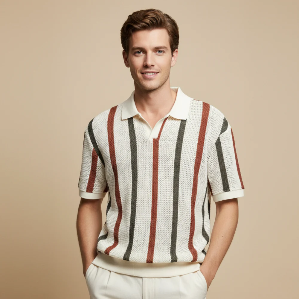 Men's striped short sleeve knitted polo shirt - casual