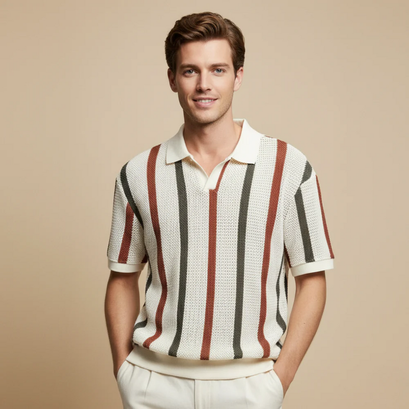 Men's striped short sleeve knitted polo shirt - casual