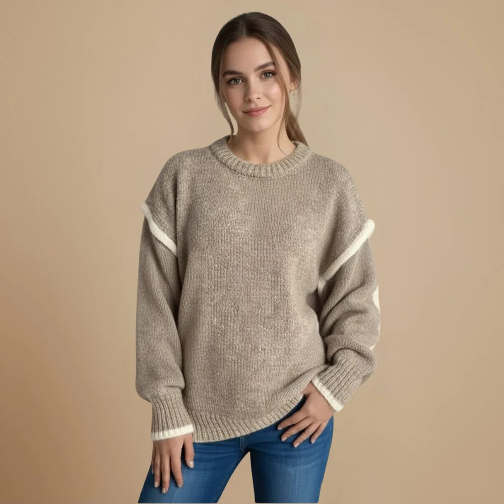 Women's Thick Knit Round Neck Contrast Line Jumper Fashion Grand