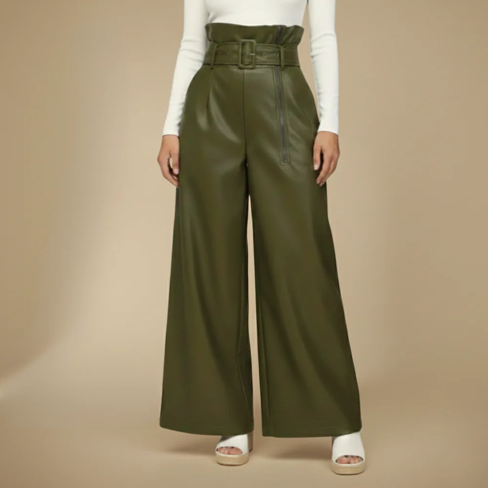 Women's high-waisted leather wide-leg trousers
