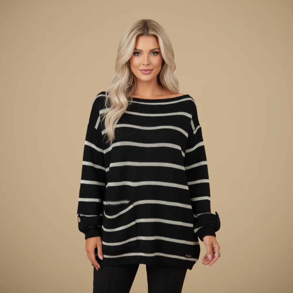 Women Striped Wide Neck Relaxed Fit Jumper Fashion Grand