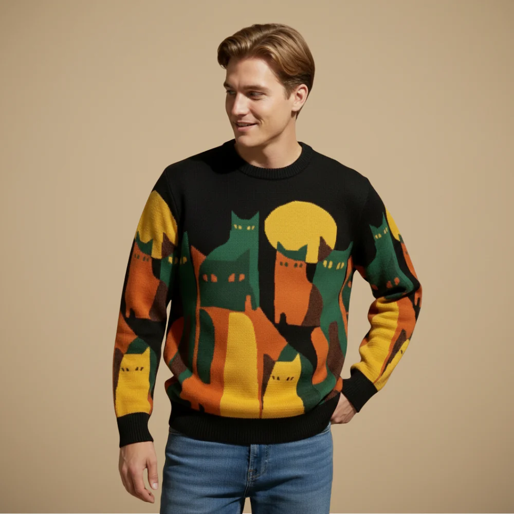 Men's Vintage Abstract Cat Print Sweater Fashion Grand
