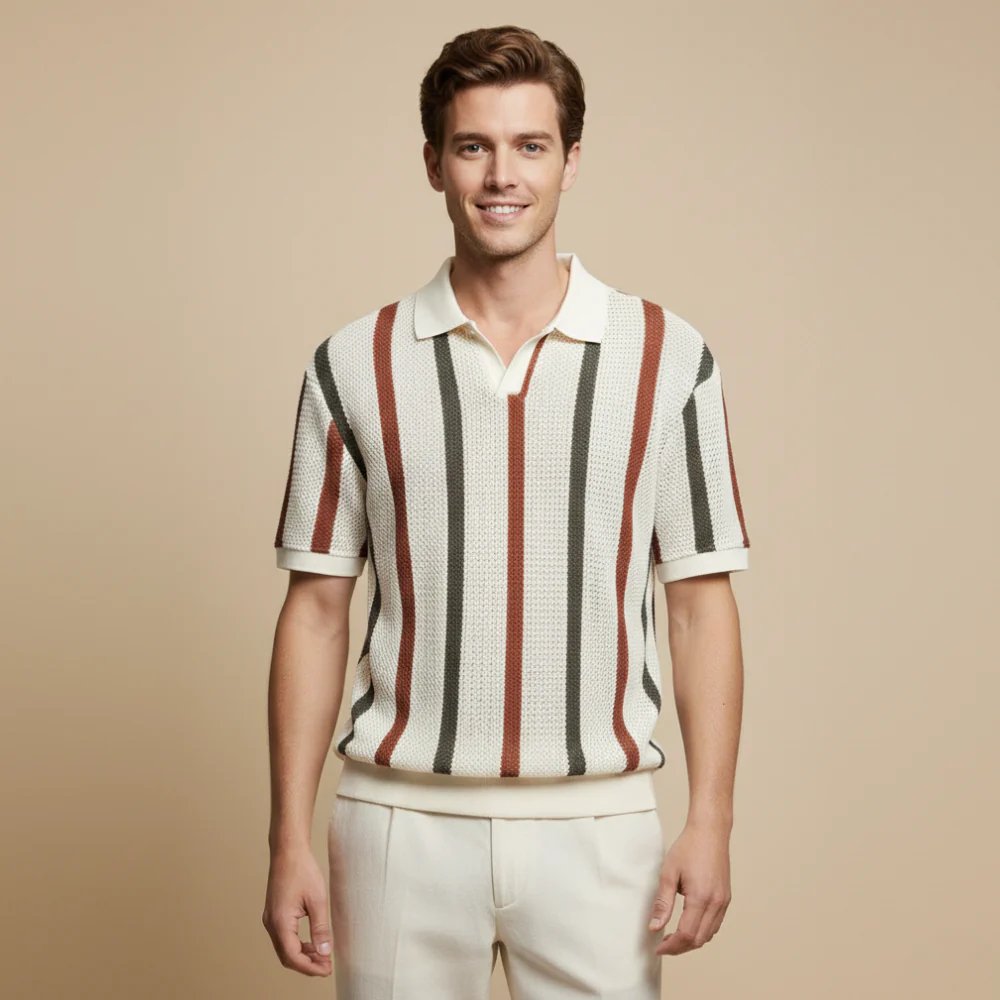 Men's striped short sleeve knitted polo shirt - casual