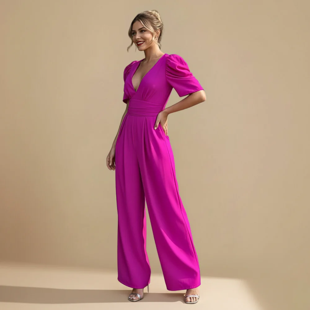 Women's Puff Sleeve V-Neck Wide Jumpsuit Fashion Grand