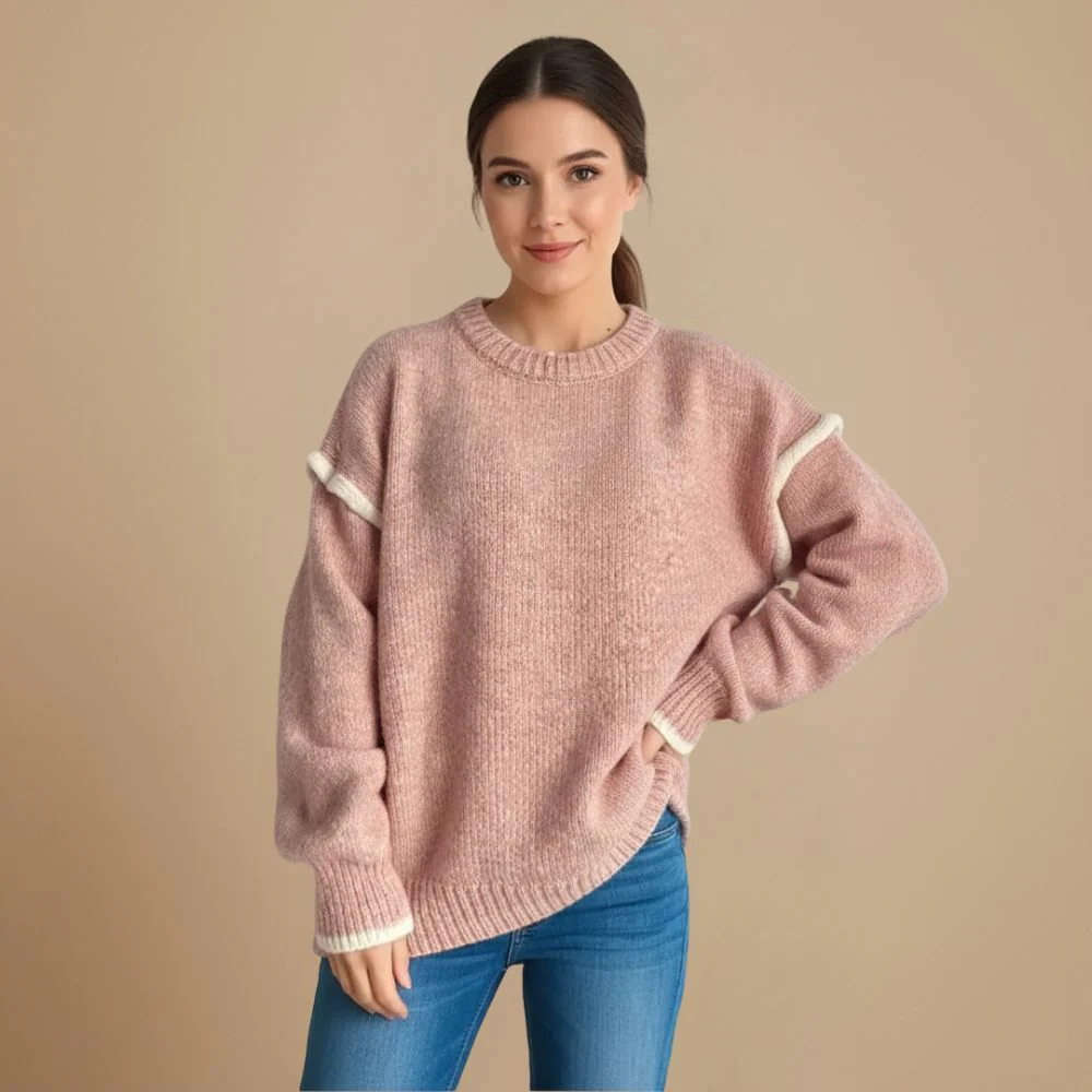 Women's Thick Knit Round Neck Contrast Line Jumper Fashion Grand