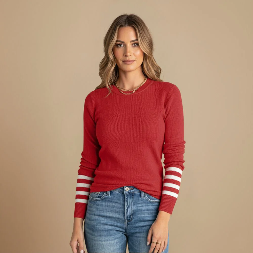 Women's Ribbed Knit Contrast Stripe Crew Jumper Fashion Grand