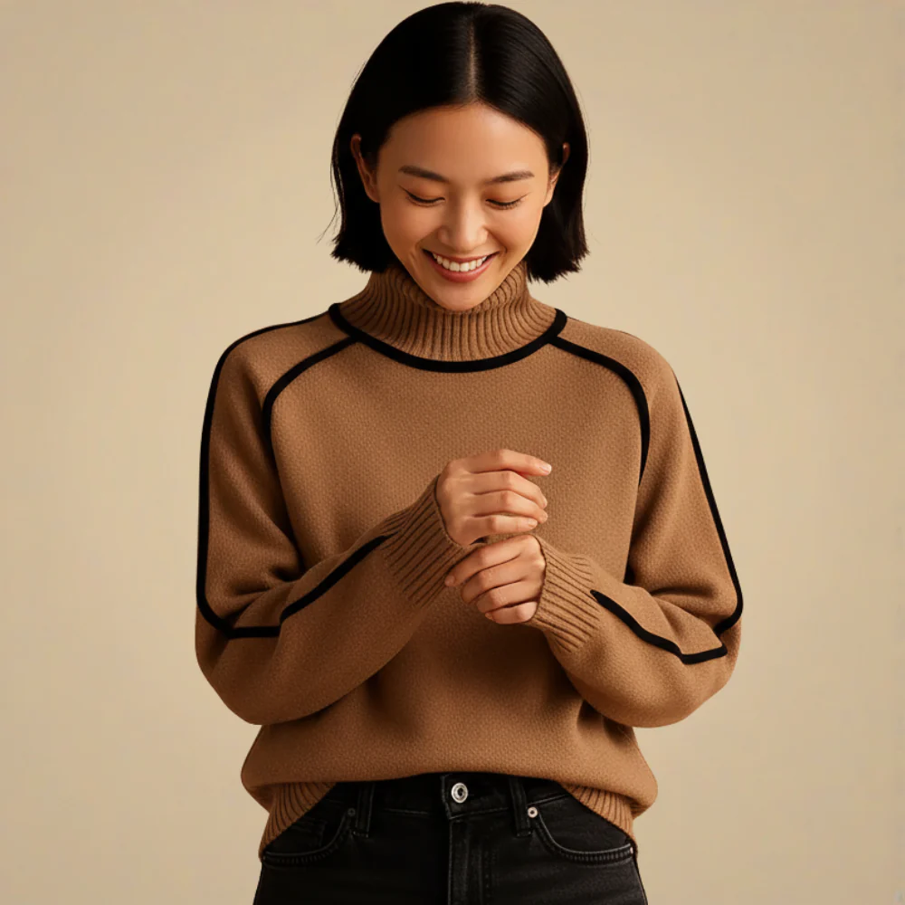 Women's Knitted Turtleneck Sweater with Contrast Trim Fashion Grand