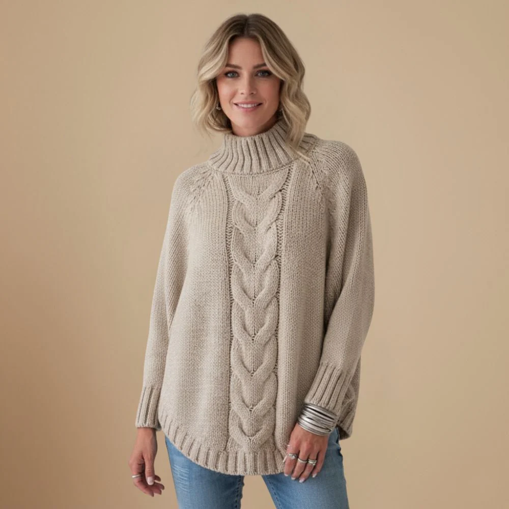 Women Cable Knit Batwing Sleeve High Neck Jumper Fashion Grand