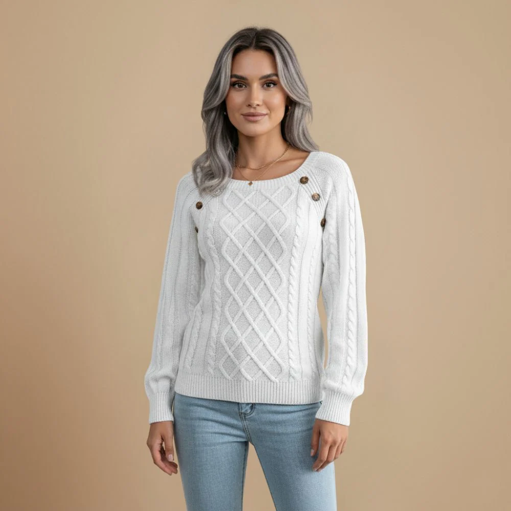 Cable Knit Shoulder Button Detail Round Jumper for Women Fashion Grand