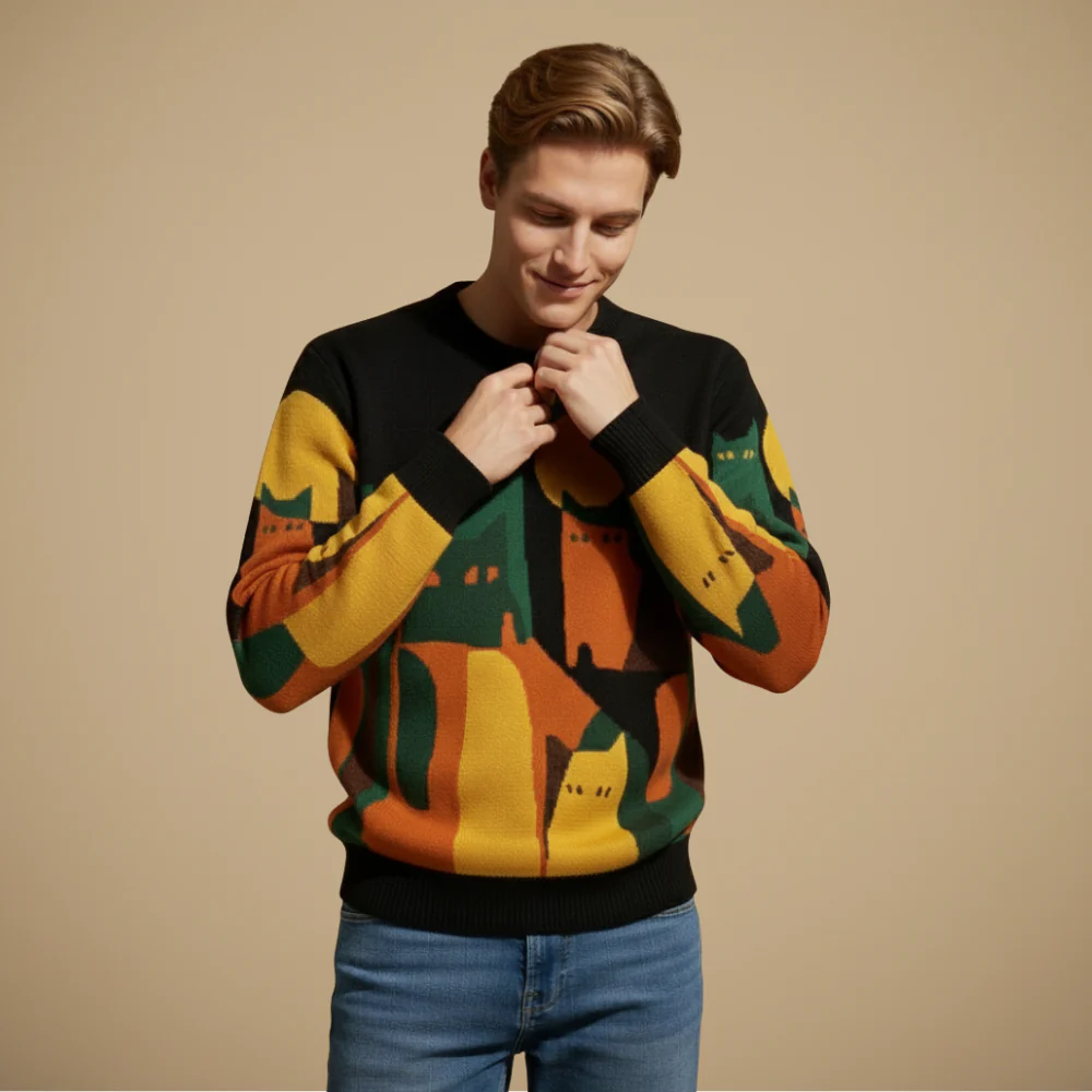 Men's Vintage Abstract Cat Print Sweater Fashion Grand