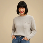 Crew Neck Knitted Sweater with Chest Pocket for Women Fashion Grand
