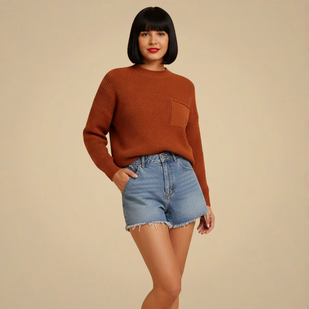 Crew Neck Knitted Sweater with Chest Pocket for Women Fashion Grand