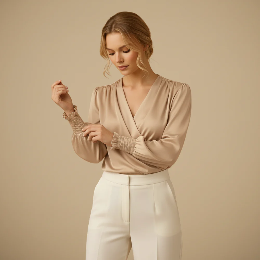 Women V Neck Long Lantern Sleeve Blouse Fashion Grand