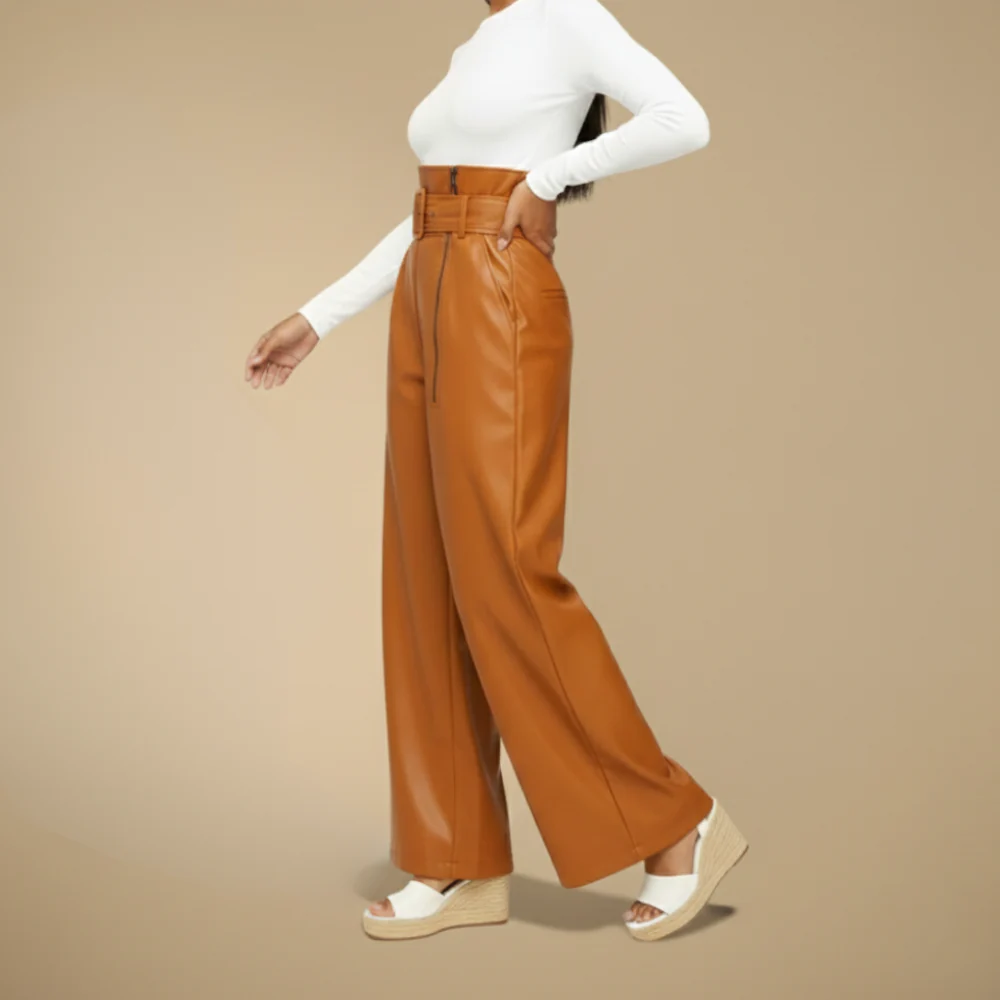 Women's high-waisted leather wide-leg trousers