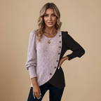 Women's Contrast Sweater Asymmetrical Hemline Buttons Fashion Grand