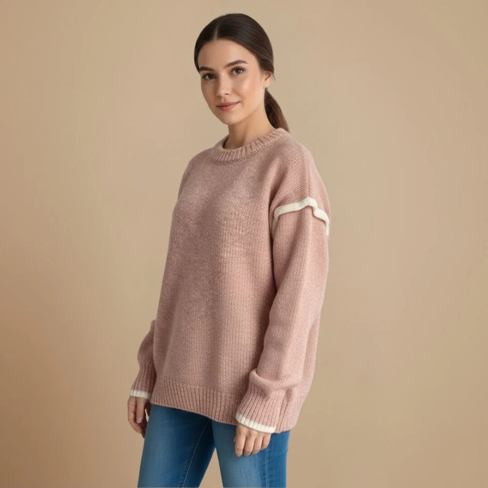Women's Thick Knit Round Neck Contrast Line Jumper Fashion Grand