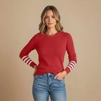 Women's Ribbed Knit Contrast Stripe Crew Jumper Fashion Grand