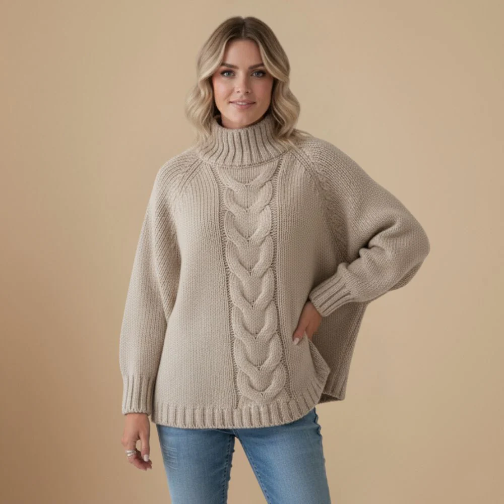 Women Cable Knit Batwing Sleeve High Neck Jumper Fashion Grand