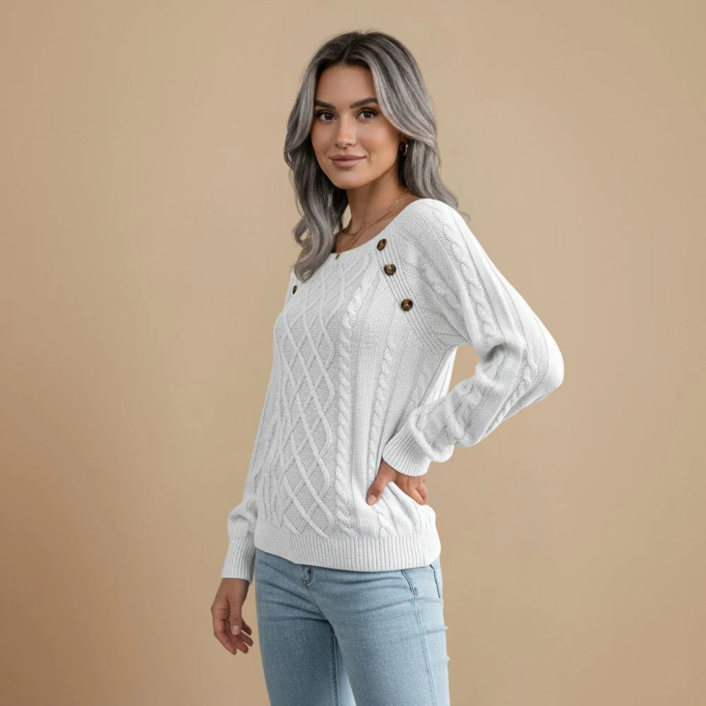 Cable Knit Shoulder Button Detail Round Jumper for Women Fashion Grand