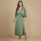Women's V-Neck Tie Waist Long Dress Fashion Grand