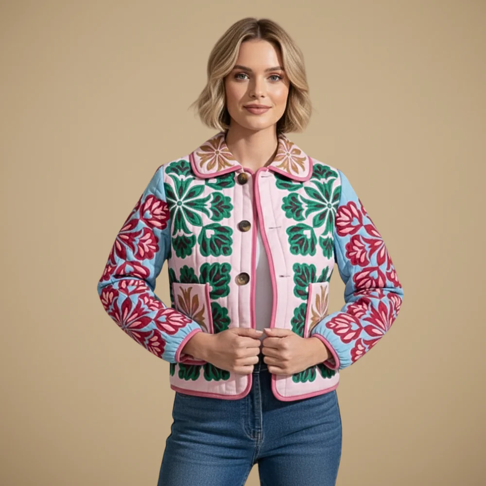 Women's Quilted Jacket with Floral Print Fashion Grand