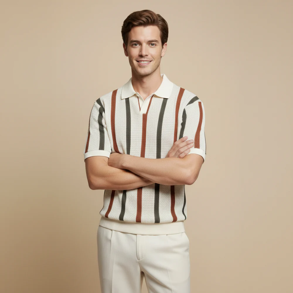 Men's striped short sleeve knitted polo shirt - casual