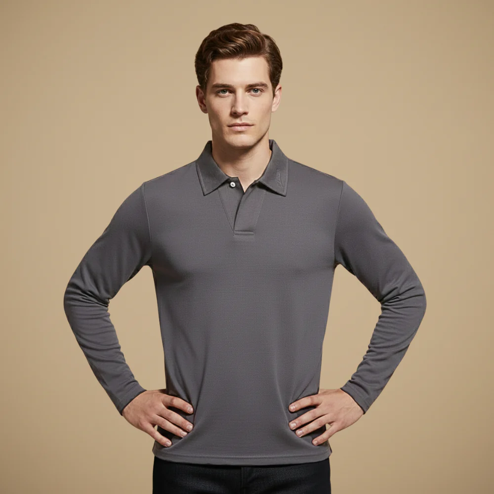 Men's long sleeve polo shirt with turned-down collar
