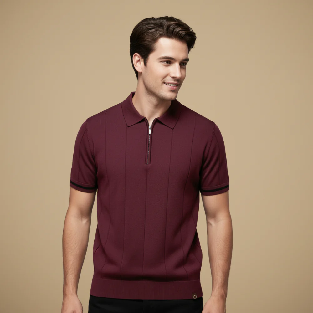 Men's quarter zip-up slim fit solid polo shirt