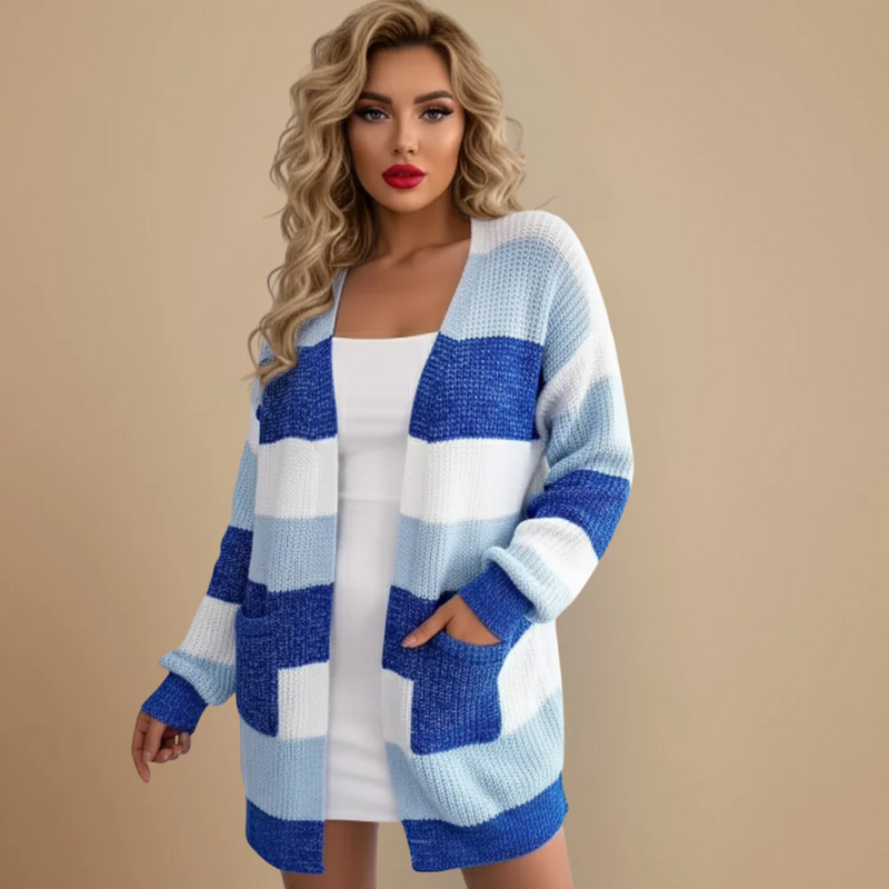 Women's Striped V Neck Soft Long Cardigan Fashion Grand