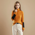 Ribbed High Collar Jumper Stripe Detail Pullover for Women Fashion Grand