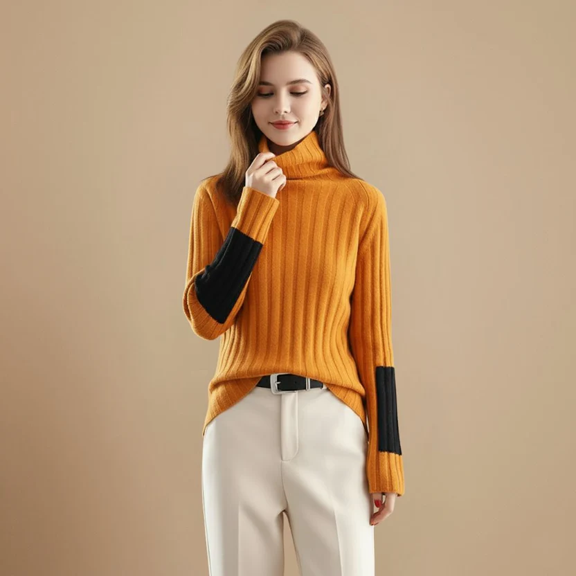 Ribbed High Collar Jumper Stripe Detail Pullover for Women Fashion Grand
