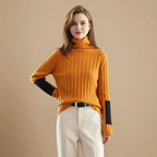 Ribbed High Collar Jumper Stripe Detail Pullover for Women Fashion Grand