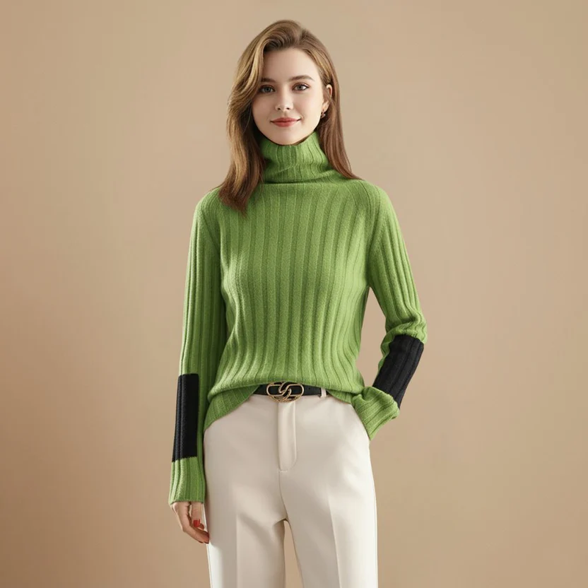 Ribbed High Collar Jumper Stripe Detail Pullover for Women Fashion Grand
