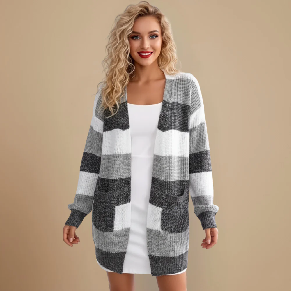 Women's Striped V Neck Soft Long Cardigan Fashion Grand