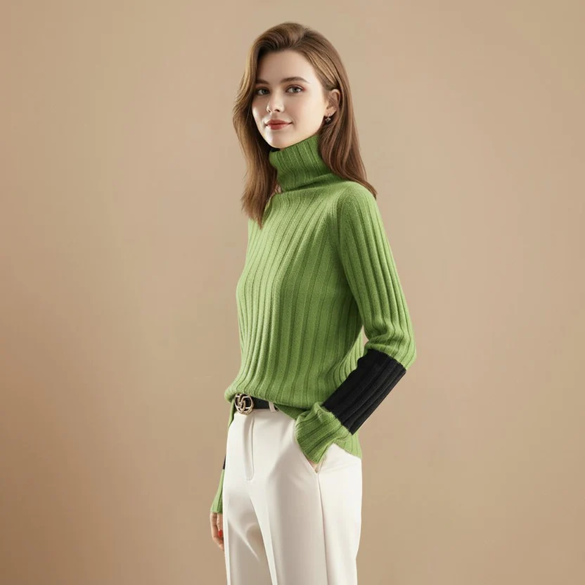 Ribbed High Collar Jumper Stripe Detail Pullover for Women Fashion Grand