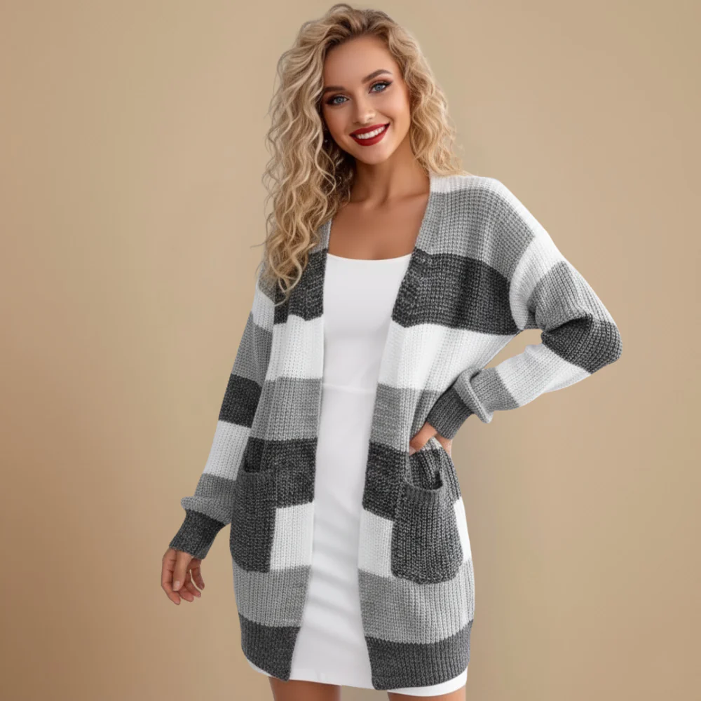 Women's Striped V Neck Soft Long Cardigan Fashion Grand