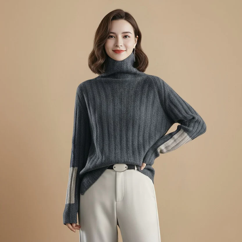 Ribbed High Collar Jumper Stripe Detail Pullover for Women Fashion Grand