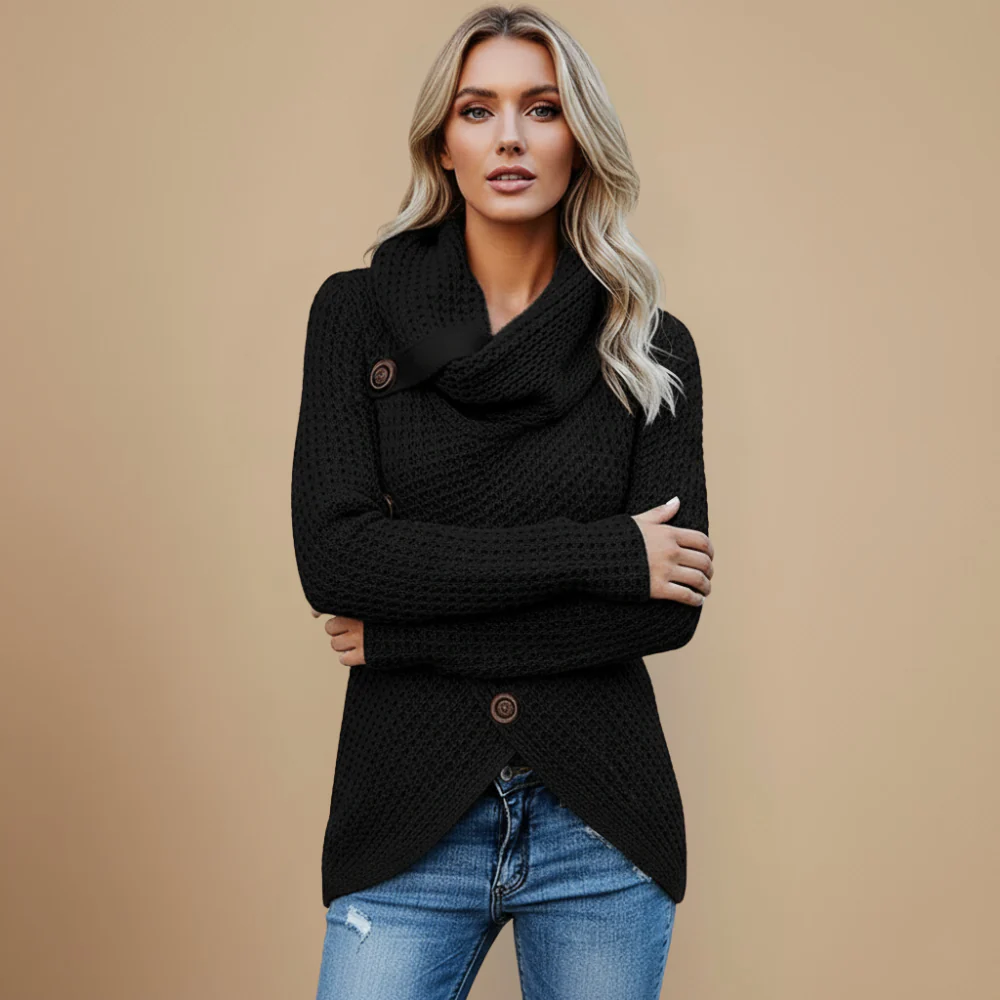 Ladies Knit Sweater Cowl Neck Button Detail Fashion Grand