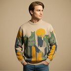 Men's Vintage Abstract Cat Print Sweater Fashion Grand