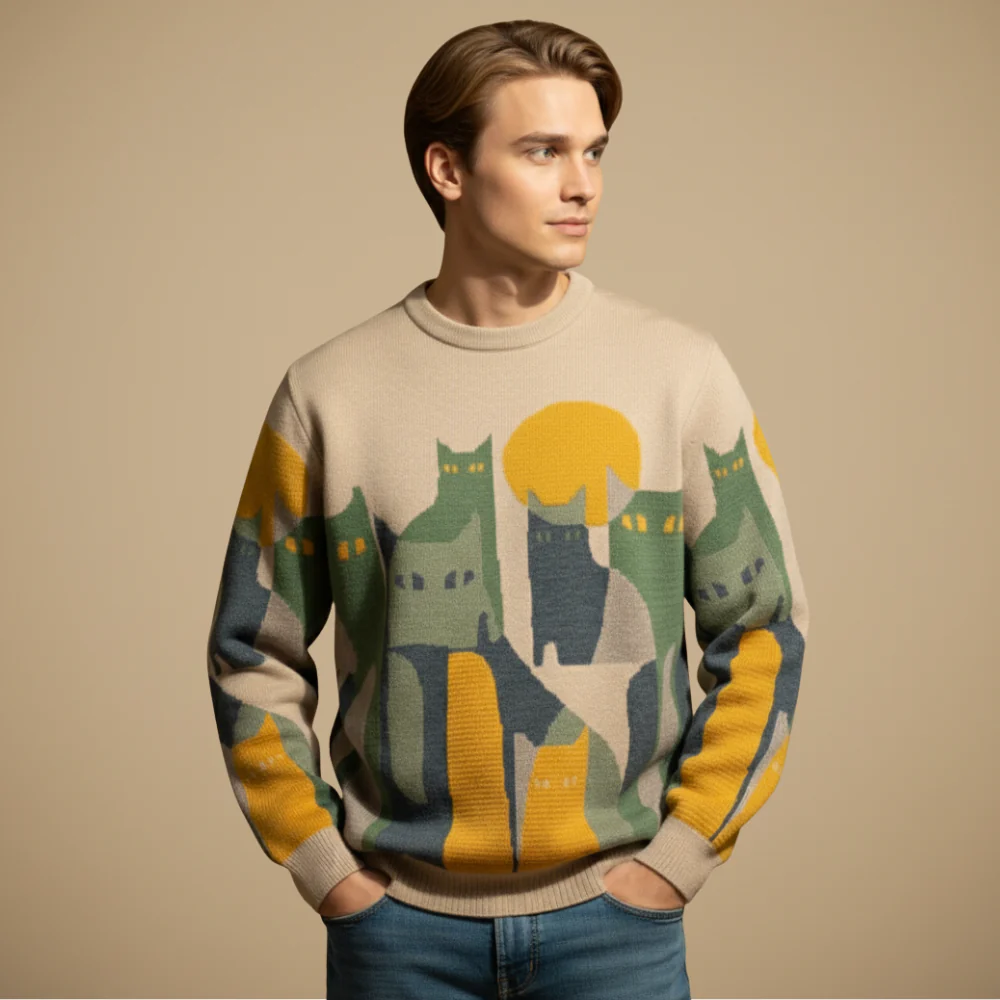 Men's Vintage Abstract Cat Print Sweater Fashion Grand
