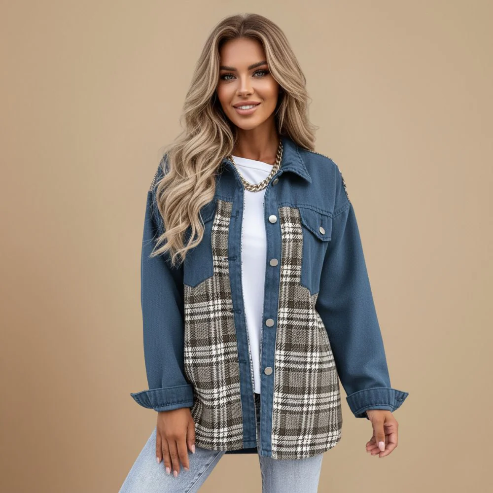 Denim Patchwork Plaid Buttoned Shirt Collar Jacket for Women Fashion Grand