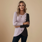 Women's Contrast Sweater Asymmetrical Hemline Buttons Fashion Grand