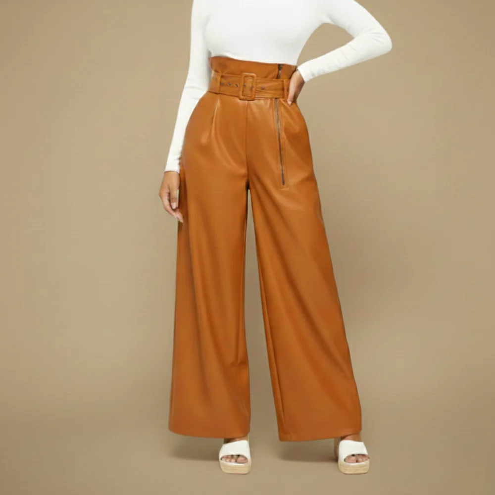 Women's high-waisted leather wide-leg trousers